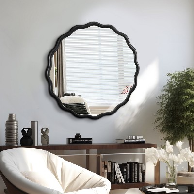 Solid Wood Wavy Mirror-Black Mirror Wall Decor 31inx 31inModern Mirror Wall Decor for Bathroom, Bedroom, Living Room, Dining Room, Cloakroom, Entryway
