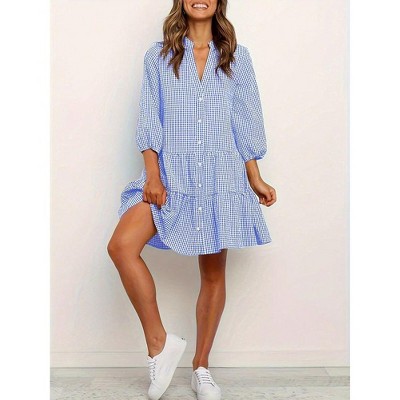Women's Gingham Plaid Dress Lantern Sleeve Ruffle Shift Dress Button Down Swing Tunic Mini Dresses