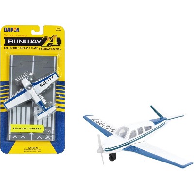 Beechcraft Bonanza Aircraft White with Blue Stripes "N42997" with Runway Section Diecast Model Airplane by Runway24