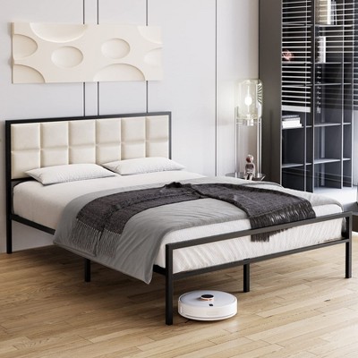 Full Size Bed Frame, Faux Leather Platform Bed Frame with Upholstered Square Stitched Headboard