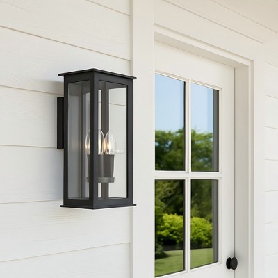 ALOADECOR Modern Rectangular Outdoor Wall Sconce with Dusk-to-Dawn Sensor in Matte Black Exterior Light Fixture with Clear Shade for Porch Entryway