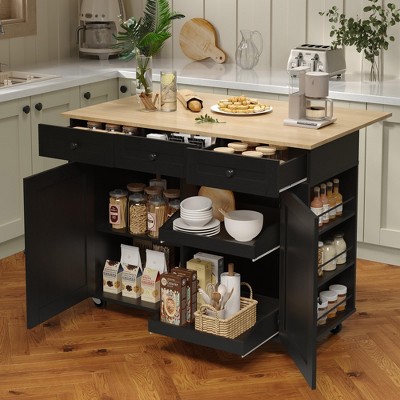 Rolling Kitchen Island Cart with Power Outlet & Drop Leaf, Kitchen Storage Cabinet On Wheels with 3 Drawers, Mobile Island Table