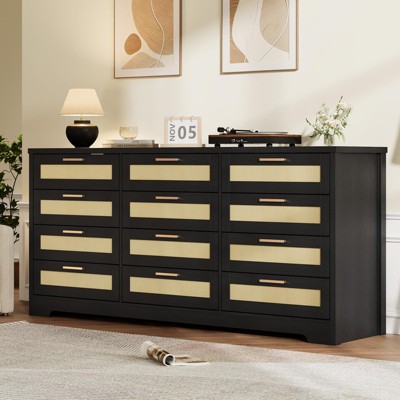 12 Drawer Dresser for Bedroom, Modern Rattan Chest of Drawers, Wood Storage Organizer with Rattan Panel Drawers