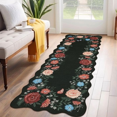 Vintage Floral Scalloped Area Rug Machine Washable Rug Stain Resistant Easy Cleaning Carpet Non Slip Soft Low Pile Folding Floor Cover For Home