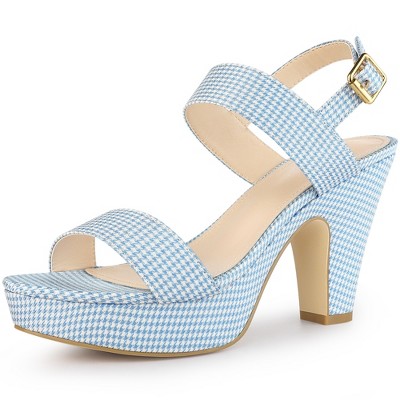 Allegra K Women's Houndstooth Plaid Print Platform Buckle Chunky High Heel Sandals