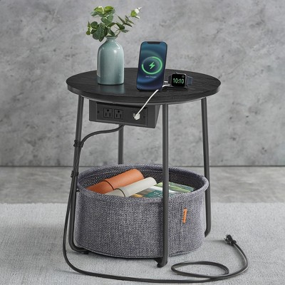 LEDREM Side Table with Charging Station Drink Table Bedside Table Nightstand End Table Night Stand Round Small Table
