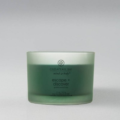 3-Wick Frosted Glass Escape + Discover Lidded Jar Candle Green 11oz - Mind & Body by Chesapeake Bay Candle: Soy Wax Blend, Essential Oils
