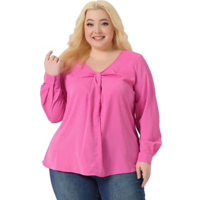 Agnes Orinda Women's Plus Size V Neck Long Sleeve Twist Knot Tops