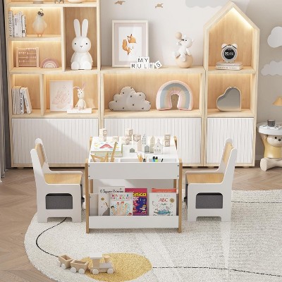 Kids Table and Chair Set, 4 In 1 Wooden Activity Table & 2 Chairs With Storage Drawer Detachable Tabletop for Toddlers Kids Drawing, Reading, Crafts