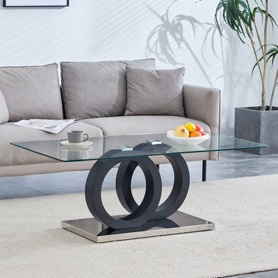 47.2" Glass Top Coffee Table with MDF Base, Modern Minimalist Design with Circular Support Structure