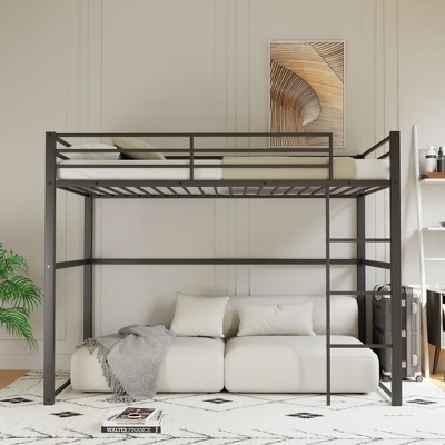 Metal Loft Bed Twin Size, Loft Bed Frame with Safety Guard Rails and Flat Ladder, Twin Loft Bed for Kids Teens Adults, Gray
