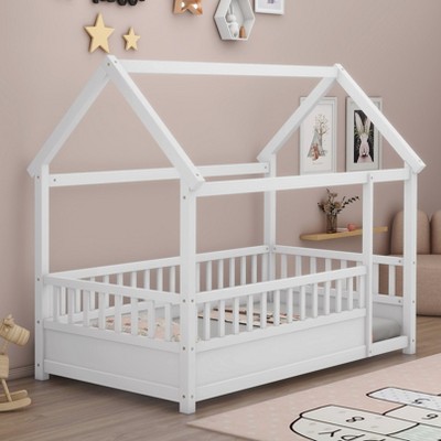 KTMBDW Twin/Full Size House Floor Bed,Wooden Montessori Bed with Fence and Roof for Kids,Twin/Full Bed Frame for Boys,Girls