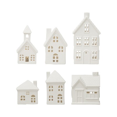 Storied Home Stoneware Bisque Houses with LED Lights, White, Set of 6
