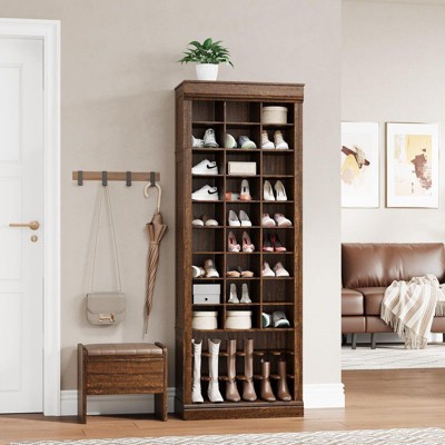 Coolmee 10 Tier Shoe Storage Cabinet, Tall Wooden Shoe Rack with 30 Cubbies, Freestanding Entryway Shoe Organizer for Entryway, Living Room