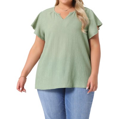 Agnes Orinda Women's Plus Size Textured V Neck Ruffle Short Sleeve Casual Tops