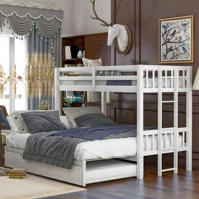 PAGED Queen over Queen Bunk Bed Modern Simple Wooden Bed Frame with 6 Lockers, Sockets, Guardrail and Ladder for Bedroom