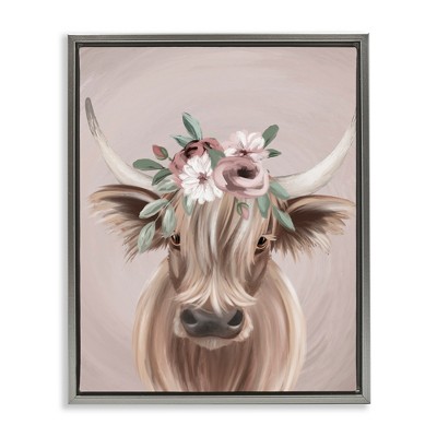 Stupell Industries Highland Cattle Pink Flower Crown Black Framed Floater Canvas Wall Art