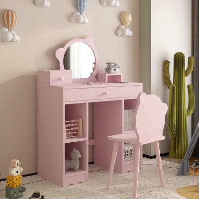 Kids Vanity, 2 in 1 Princess Makeup Desk & Chair Set with Drawers, Storage Shelves, Toddler Dressing Table, Pretend Play Vanity Set for Little Girls