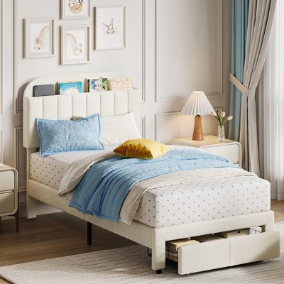 homfan Twin Velvet Bed Frame for Girls with Storage Headboard & Drawer, No Box Spring Needed, Easy Assembly