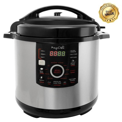 Megachef 12 Quart Steel Digital Pressure Cooker with 15 Presets and Glass Lid: Stainless Steel, 1600W, Dishwasher-Safe