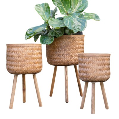 DSVIMOY 3PCS Round Planter with Stand, Plant Pots for Hall, Living Room, Brown, 15"*15"*26"