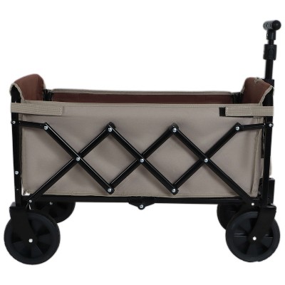 ORRD All-in-1 Folding Camping Wagon with Bench Seat, Storage & Dog Tether, Beige/Brown