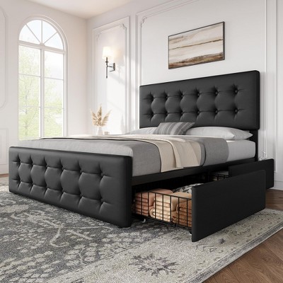 Bed Frame with 4 Storage Drawers and Linen Upholstered Headboard, Wooden Slats Support, Button Tufted Design, No Box Spring Needed