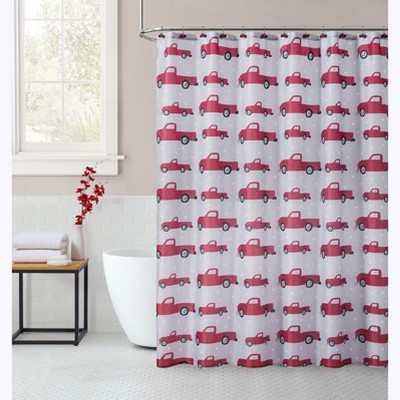 Kate Aurora Tis' The Season Holiday Christmas Trucks Fabric Shower Curtain With 12 Matching Hooks