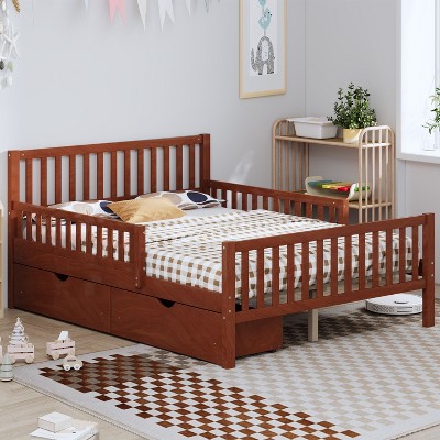 NicBex Twin/Full Wooden Platform Bed Frame with Storage Drawers & Guardrails,Modern Toddler Bed for Bedroom,Kids Room