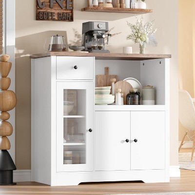 Homhougo Storage Cabinet with Adjustable Shelves & Microwave Stand, Buffet Sideboard with Drawer White