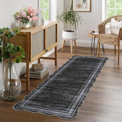 Machine Washable Runner Rug, Plush Scalloped Rug, Non-Slip Stain Resistant Polyester Runner for Hallway, Kitchen, Bathroom