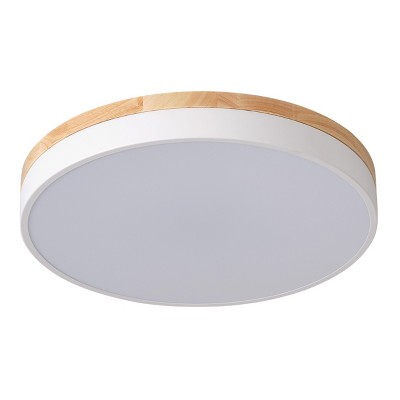 Modern LED Ceiling Light, Round Flush Mount with Wood Accent, White Trimfor Bedroom, Kitchen