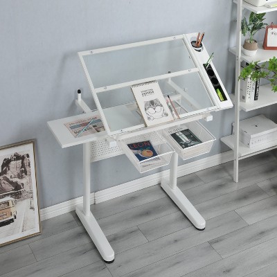 Gulches White Hand Crank Adjustable Drafting Table with 2 Metal Drawers Stool 5mm Tempered Glass Top 75 105cm Height