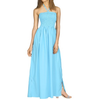 LA LEELA Women's House Daily Routine Evening Wear Solid Smocked Top Maxi Slit Dress Casual Strapless Tube Dresses for Women