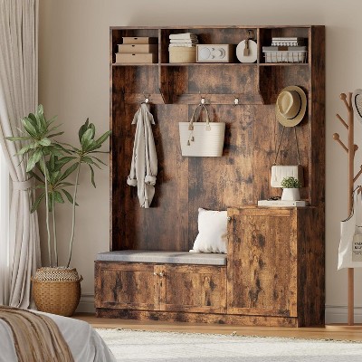 78.7" Tall Hall Tree with Bench and Shoe Storage, Modern Wood Entryway Bench with Coat Rack, 4 Hanging Hooks, 3 Open Compartments for Hallway, Black