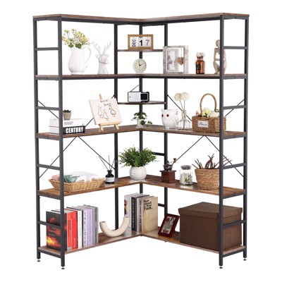 4 Tier L-Shaped Bookshelf, Industrial Corner Bookcase with 4 Open Shelves, 2 Curved Panels, Heavy Duty Metal Display Shelf