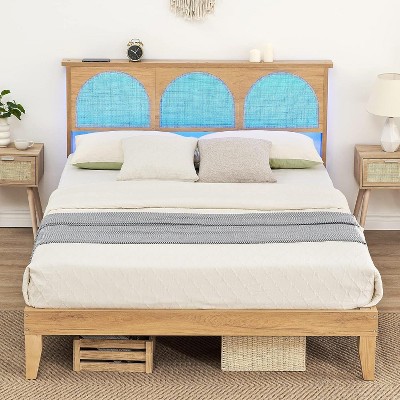 Homhougo Rattan Queen Bed Frame with Headboard, Natural Bed Frames with LED Lights and Storage Headboard, Solid Wood Legs, Noise Free