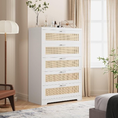 5 Drawer Rattan Dresser for Bedroom, 47.27” Tall Dresser, Wood Dresser Chest of Drawers with Metal Handles for Living Room Hallway Entryway