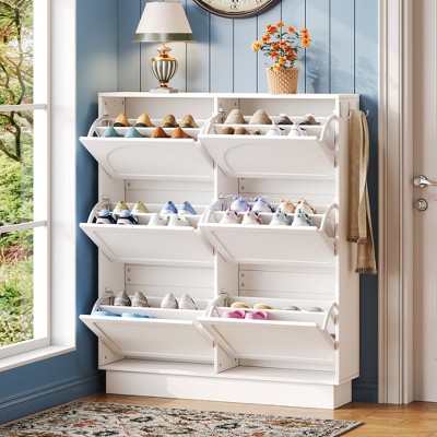 KWPZQEB Narrow Tipping Bucket Shoe Cabinet with 6 Flip Drawers, Freestanding Shoe Storage Cabinet with 3 Hooks, Modern Entryway Narrow Shoe Rack