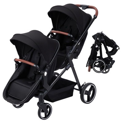 Double Tandem Stroller with Bassinet - 2-in-1 Reversible Seats, Foldable, 5-Point Harness, Large Storage, Lightweight Aluminum