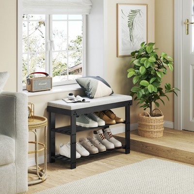 MAYEERTY 3 Tier Shoe Racks Bamboo Shoe Bench Entryway with Cushion and Adjustable Shelves for Hallway Mudroom living Room Black