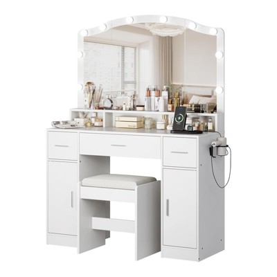 GustoWave Vanity Desk with Mirror and Lights, Vanity with 10 LED Lights, Features 3 Drawers, Storage Stool, Power Outlet, Dressing Table