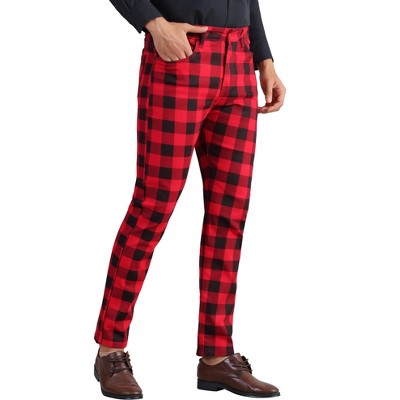 Lars Amadeus Men's Flat Front Stretch Slim Fit Color Block Gingham Plaid Checked Trousers Dress Pants