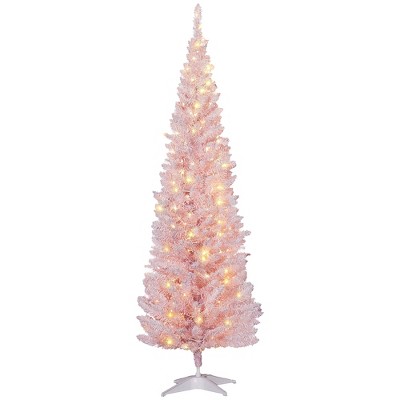 HOMCOM 6' Tall Pre-Lit Slim Noble Fir Artificial Pencil Christmas Tree with Realistic Branches, 170 Warm White LED Lights and 390 Tips, Pink