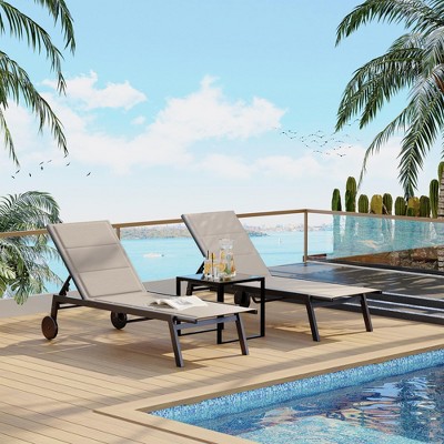 Adjustable Backrest Poolside Loungers Set of 3, Outdoor Lounge Chairs With Wheels and Soft Padded, Patio Chaise Lounge Chairs With Side Table