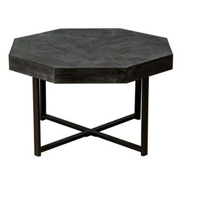 Zeus & Ruta 30 in. Farmhouse Wood Octagonal Vintage Patchwork Craft Metal Legs Coffee Table - Antique Black
