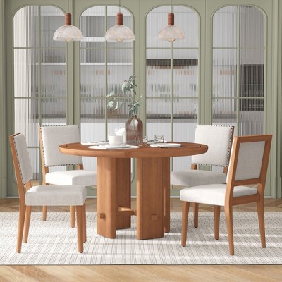 5-Piece Round Dining Set with 4 Solid Wood Upholstered Chairs, Minimalist Farmhouse Style