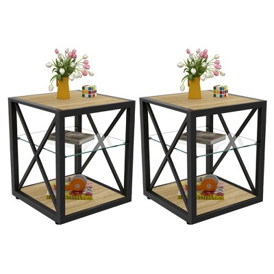 Set of 2 Modern End Tables with Drawer - Rustic Wood-Grain MDF and Tempered Glass Top Nightstands for Bedroom and Living Room