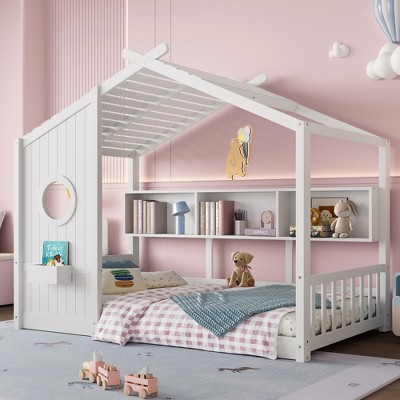 NicBex Twin/Full Kids Floor House Bed Frame with Storage Shelves & Roof Design,Modern Toddler Platform Bed,No Box Spring Needed