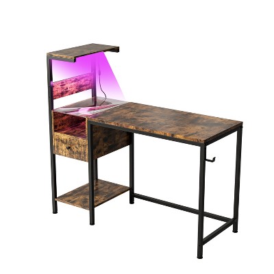 Gulches Computer Desk Brown with Power Outlet USB Ports 4 Tier Reversible Shelves 1 Drawer RGB LED Lights Gaming Desk